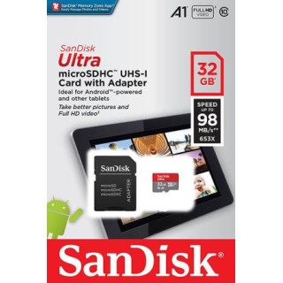 SanDisk Micro SD 32GB Classe A1, 98MB/s + Adattatore SD