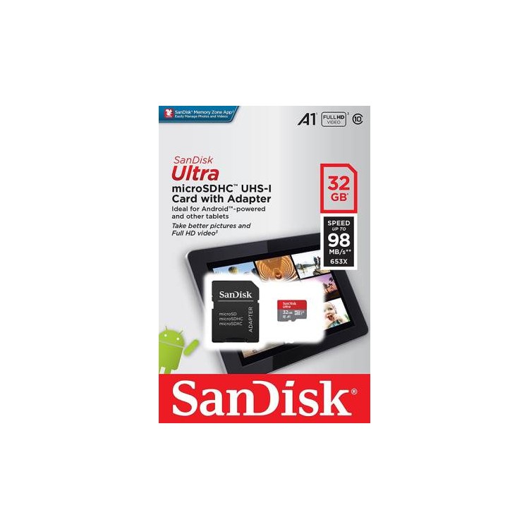 SanDisk Micro SD 32GB Classe A1, 98MB/s + Adattatore SD